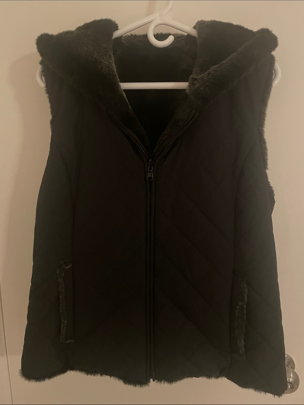 Kristen Blake Black Quilted and Brown Reversible Faux-Fur Hooded Vest -